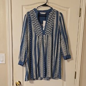 Zara Bohemian Blue and White Embroidered Mini Tunic Dress sz M NWT $69